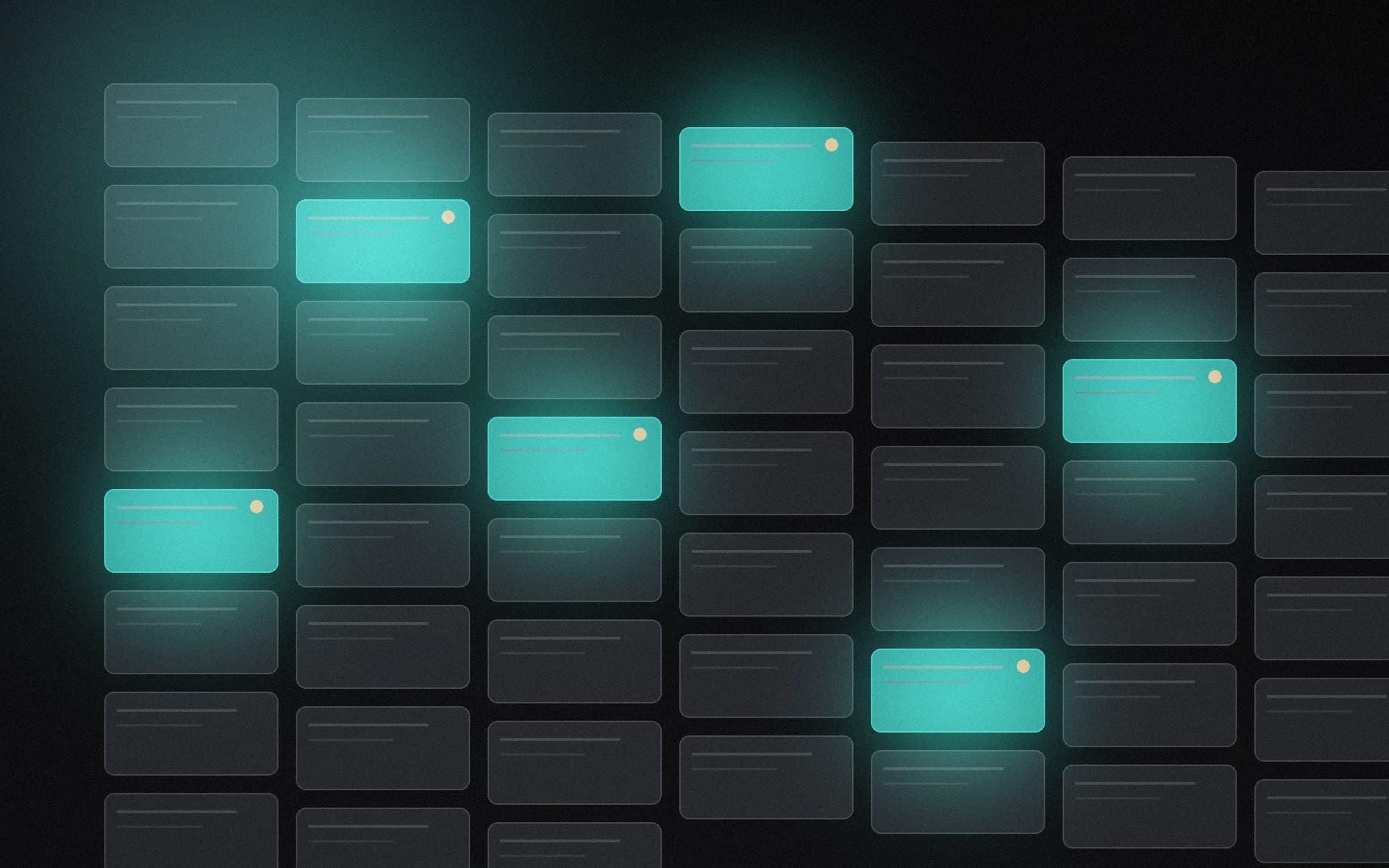 Rendered plate: a regimented lattice of timetable blocks, a few lit teal with flagged status dots.