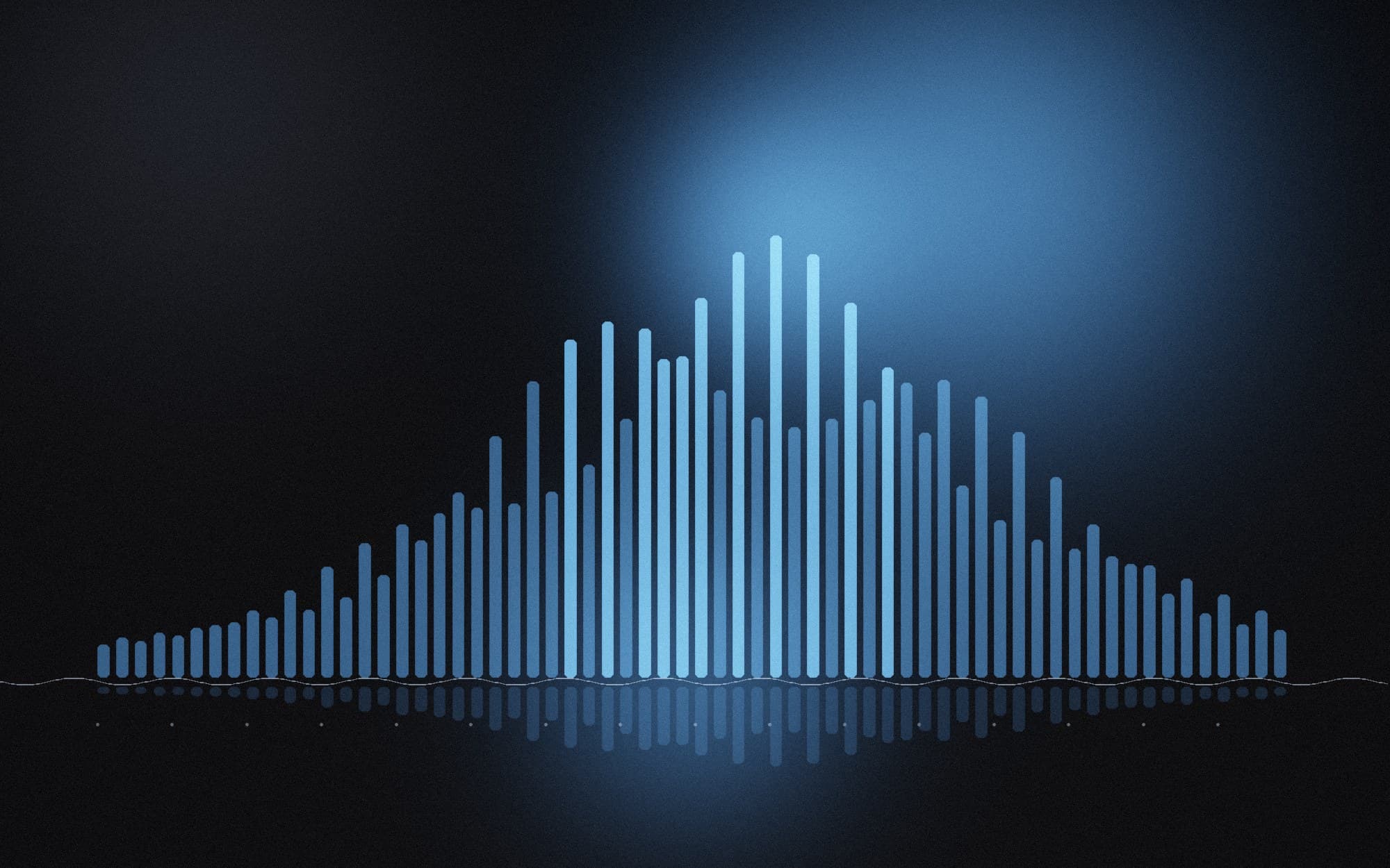 Rendered plate: electric-blue signal bars rising from a dialogue baseline with a soft reflection.
