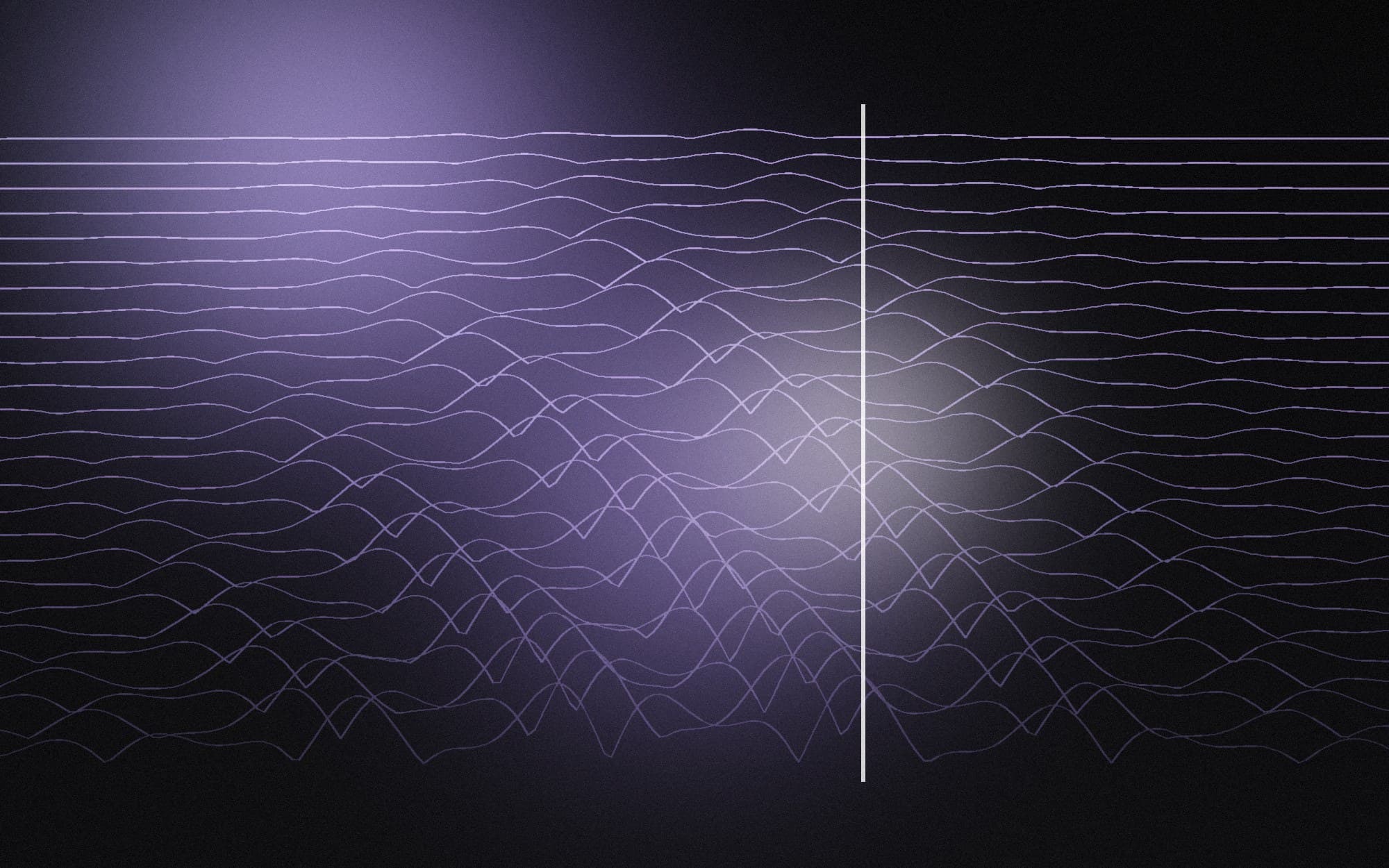 Rendered plate: layered violet spectrogram ridgelines crossed by a single transcription caret.