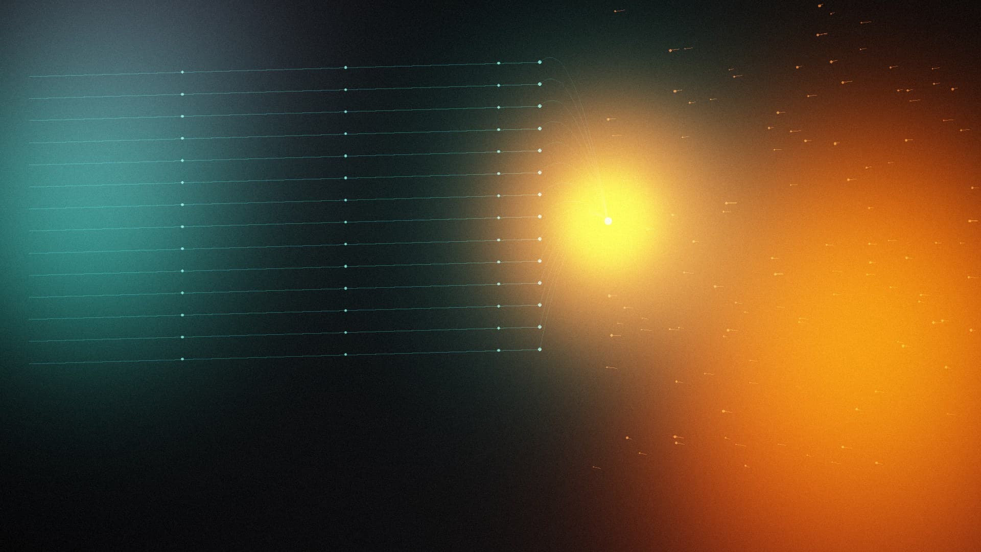 The LB—Tech showreel poster: cool teal line-work on the left and an ember forge on the right, converging to a single point of light over an ink field.