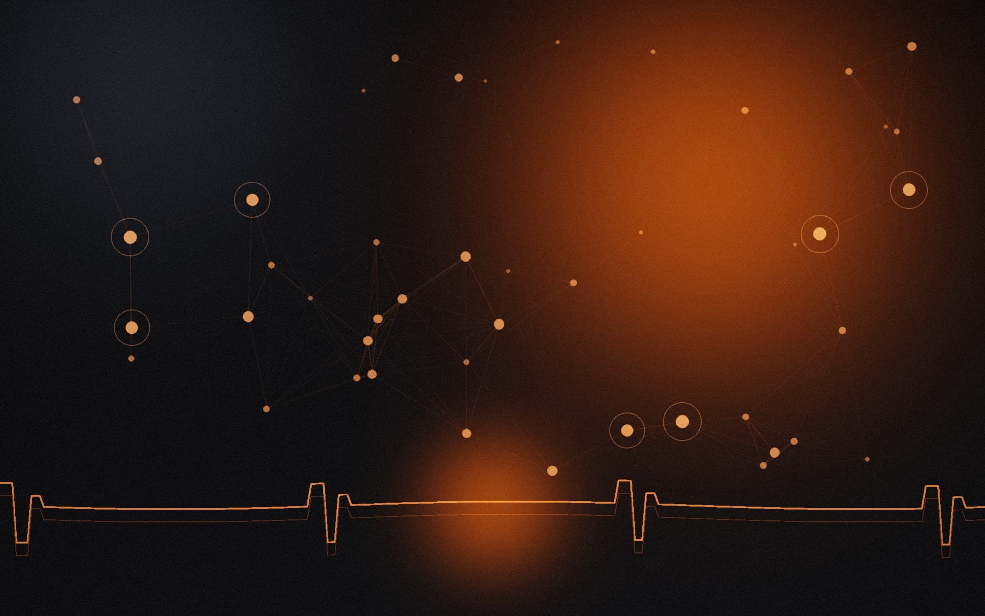Rendered plate: a network of glowing care-record nodes linked above a pulse trace, ember light on an ink field.