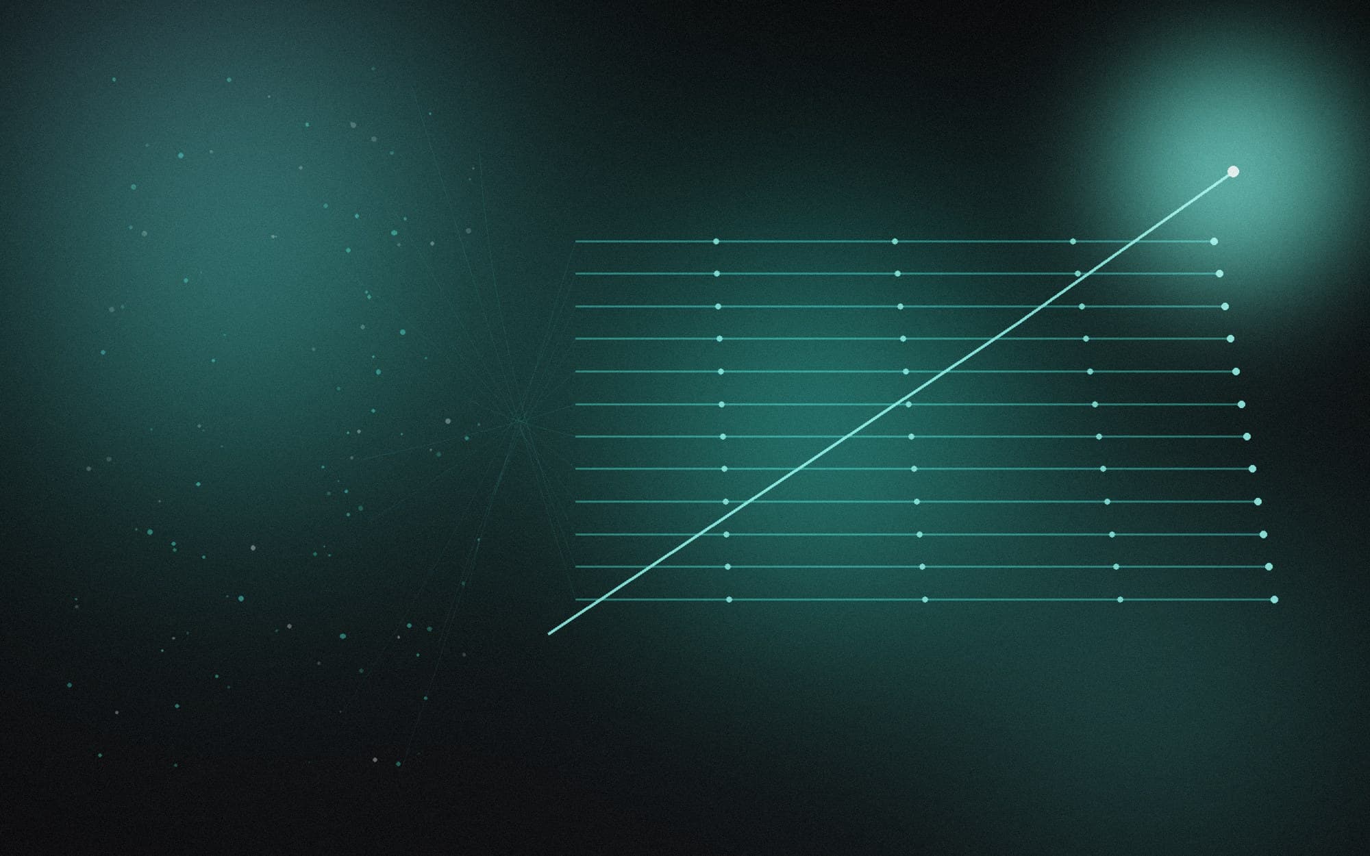 Rendered plate: scattered cool points gathering into ascending ordered rows with a rising leader line — a team's capability taking shape.