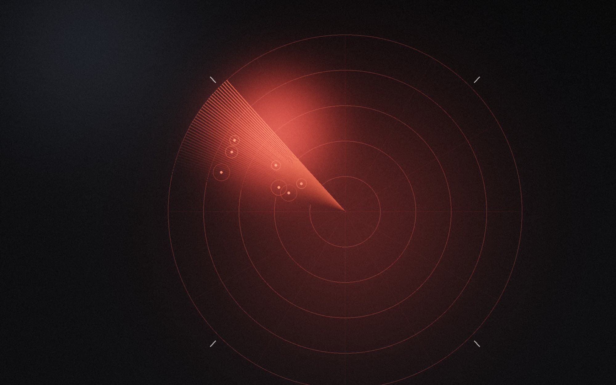 Rendered plate: a radar display mid-sweep, threat pings flaring inside the scanned arc in signal red.